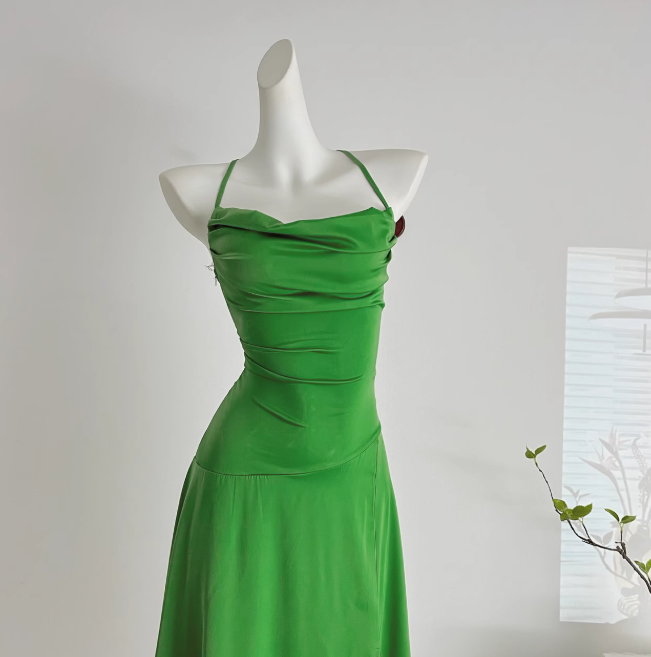 Green Satin Swing Neck Suspender Dress Birthday Dress ED01017