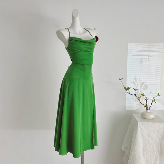 Green Satin Swing Neck Suspender Dress Birthday Dress ED01017