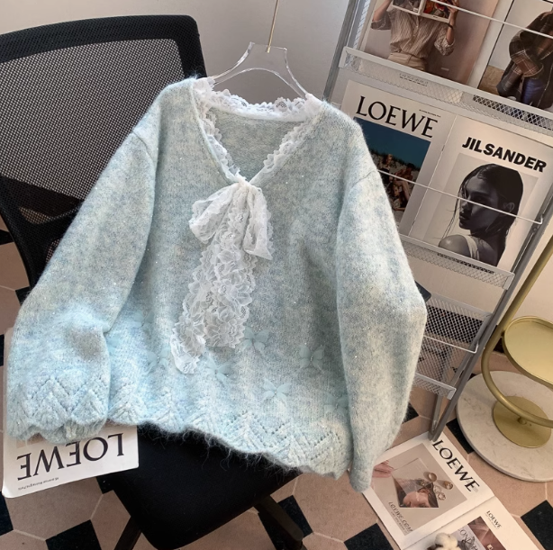 Gentle and sweet lace bow sequined V-neck sweater ED01026