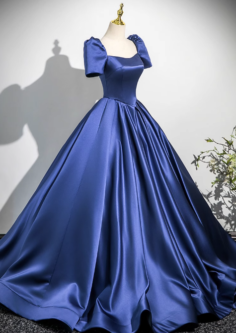 Blue A-line square neck satin long prom dress, blue evening dress ED01029