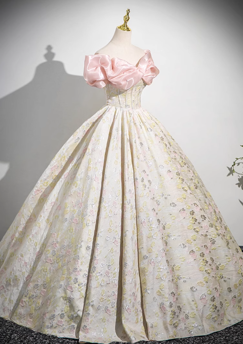 Champagne A-line off-the-shoulder neck satin long ball dress, champagne evening dress ED01030