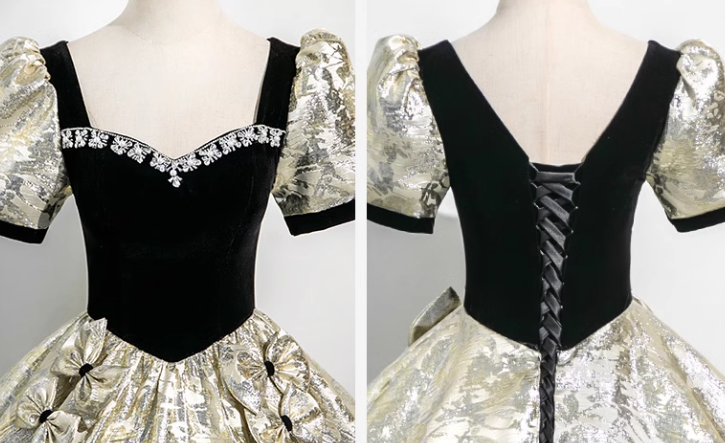 Black A-line square neck satin velvet long prom dress, black evening dress ED01031