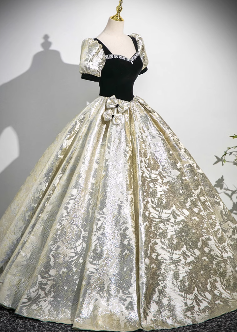 Black A-line square neck satin velvet long prom dress, black evening dress ED01031