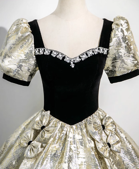 Black A-line square neck satin velvet long prom dress, black evening dress ED01031
