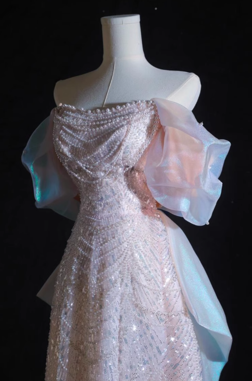 Soft Pink A-line off-shoulder tulle sequins beaded long prom dress, pink evening dress ED01033