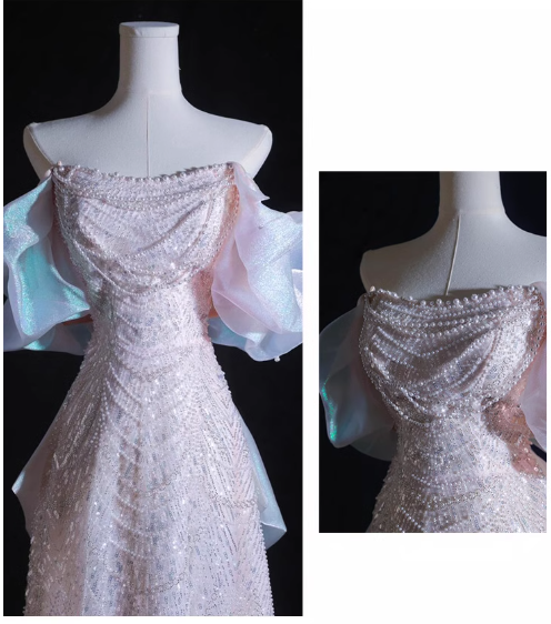 Soft Pink A-line off-shoulder tulle sequins beaded long prom dress, pink evening dress ED01033