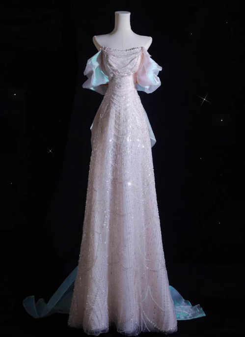 Soft Pink A-line off-shoulder tulle sequins beaded long prom dress, pink evening dress ED01033