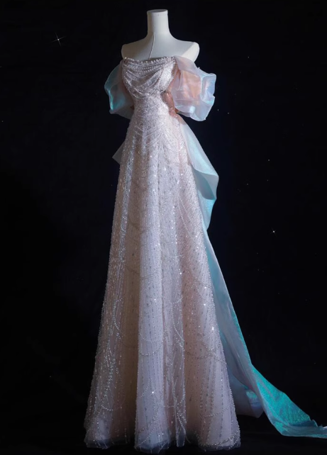 Soft Pink A-line off-shoulder tulle sequins beaded long prom dress, pink evening dress ED01033