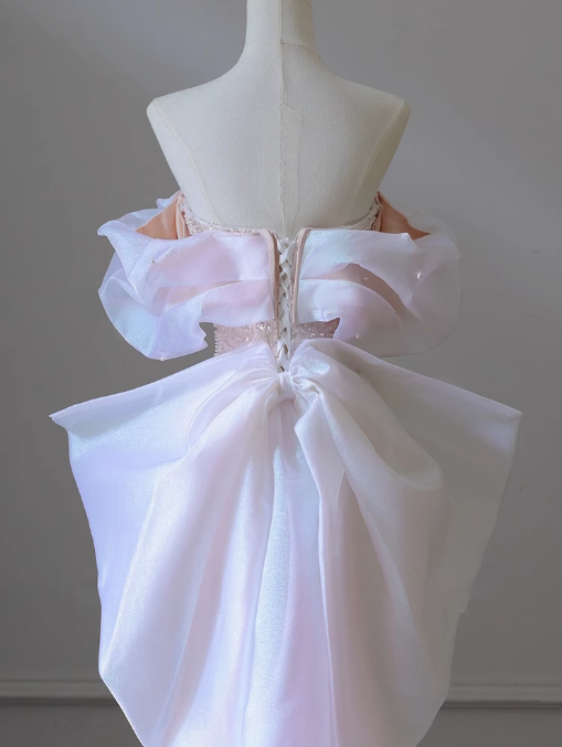 Soft Pink A-line off-shoulder tulle sequins beaded long prom dress, pink evening dress ED01033