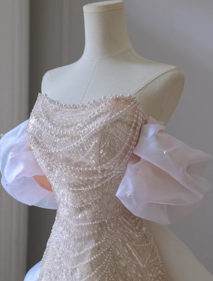 Soft Pink A-line off-shoulder tulle sequins beaded long prom dress, pink evening dress ED01033