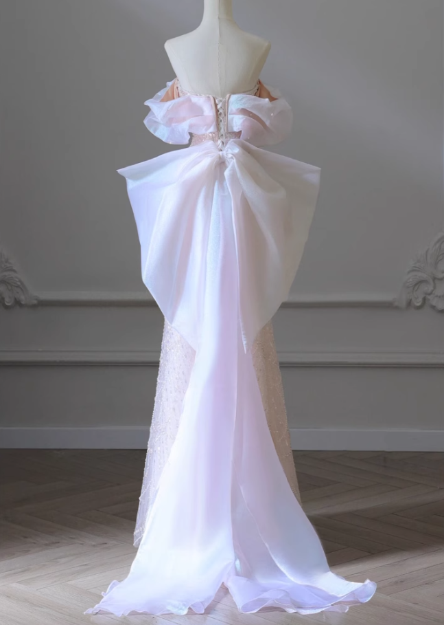 Soft Pink A-line off-shoulder tulle sequins beaded long prom dress, pink evening dress ED01033