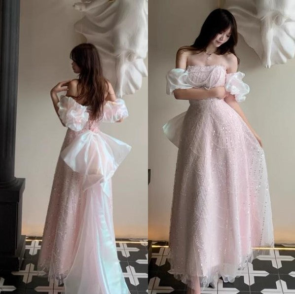 Soft Pink A-line off-shoulder tulle sequins beaded long prom dress, pink evening dress ED01033