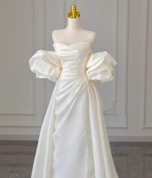 White A-line off-the-shoulder satin long prom dress, off-white long train dress ED01034