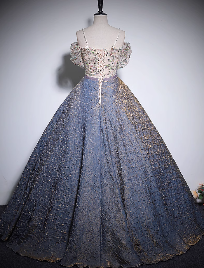 Purple A-line off-shoulder tulle sequined long prom dress, purple evening dress ED01035
