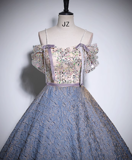 Purple A-line off-shoulder tulle sequined long prom dress, purple evening dress ED01035