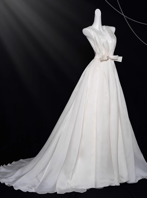 White A-line V-neck satin long prom dress, white evening dress ED01036