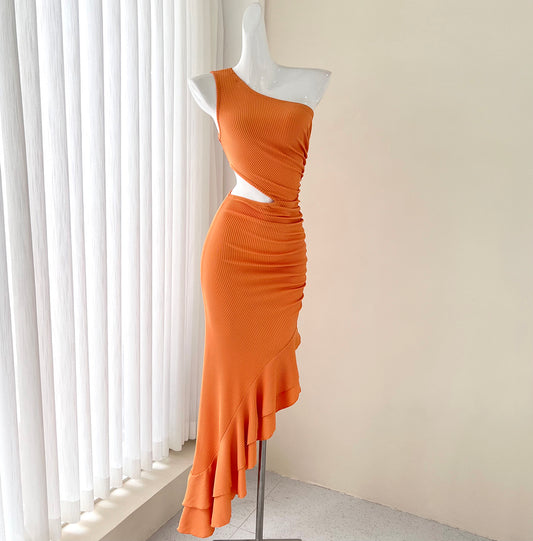 One-shoulder sleeveless dress with ruffled slits  ED01045