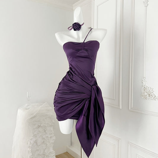 Lila geblümtes Neckholder-Satin-Tube-Kleid ED01050
