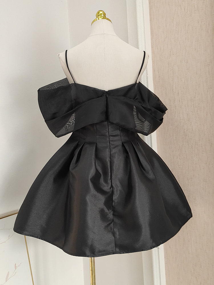Schwarzes, schulterfreies, kurzes A-Linien-Ballkleid aus Tüllsatin, rosa Homecoming-Kleid ED01054