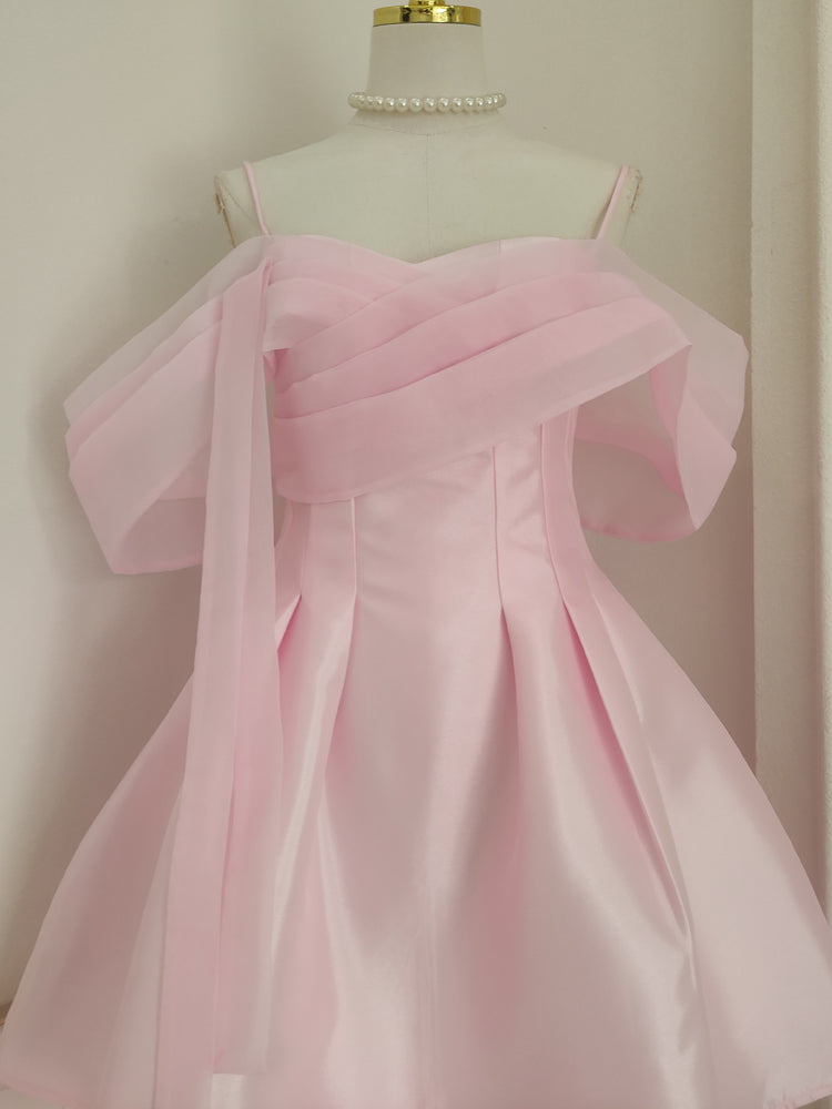 Rosa A-Linie schulterfreies kurzes Ballkleid aus Tüllsatin, rosa Homecoming-Kleid ED01056