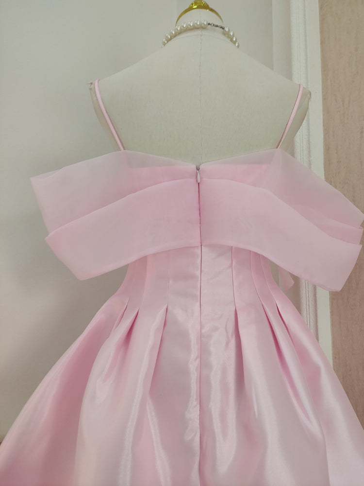 Rosa A-Linie schulterfreies kurzes Ballkleid aus Tüllsatin, rosa Homecoming-Kleid ED01056