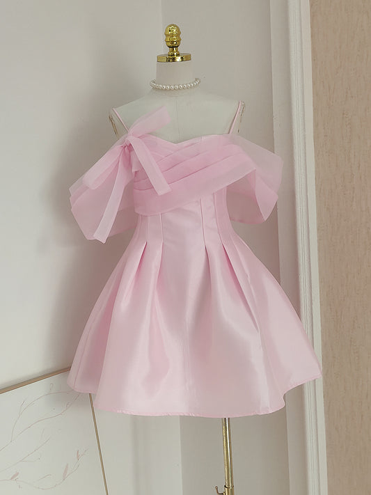 Pink A-line off-the-shoulder tulle satin short prom dress, pink homecoming dress ED01056