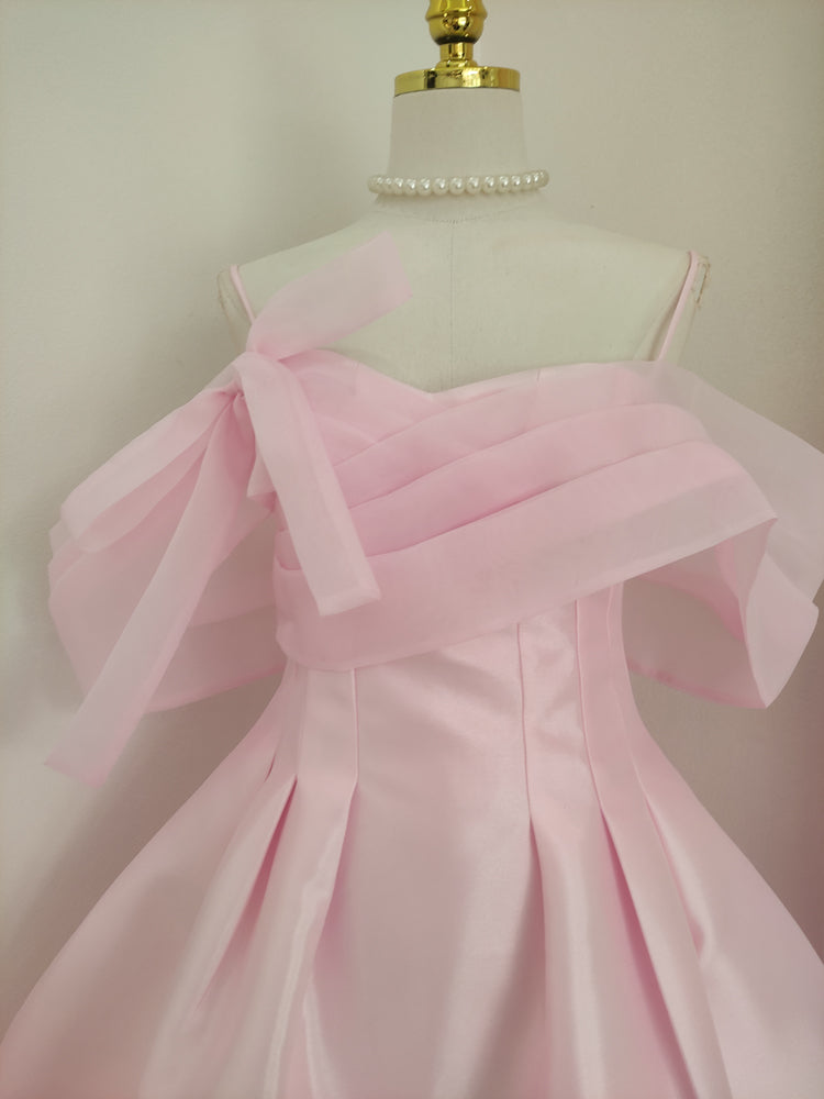 Rosa A-Linie schulterfreies kurzes Ballkleid aus Tüllsatin, rosa Homecoming-Kleid ED01056