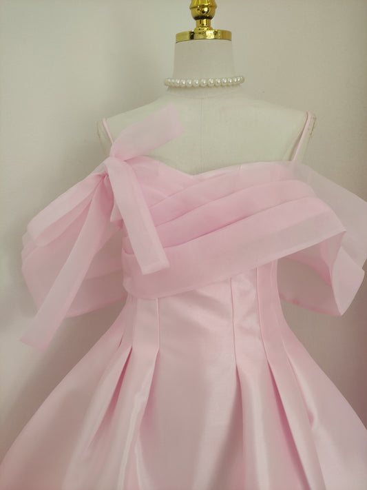 Pink A-line off-the-shoulder tulle satin short prom dress, pink homecoming dress ED01056