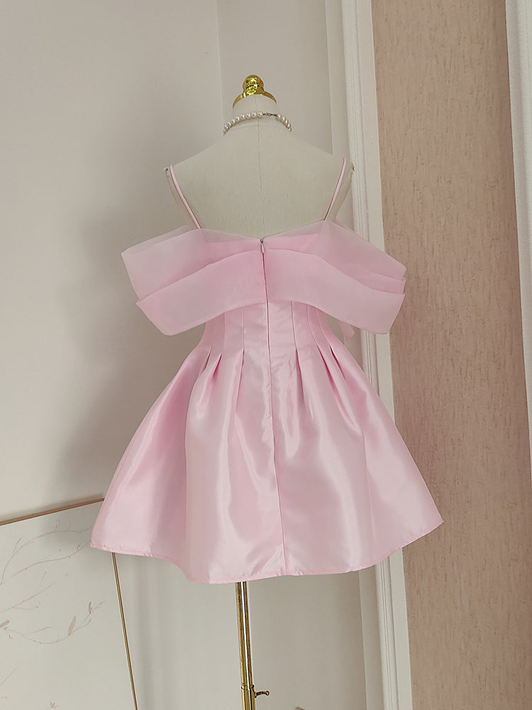 Rosa A-Linie schulterfreies kurzes Ballkleid aus Tüllsatin, rosa Homecoming-Kleid ED01056