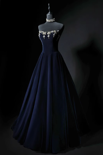 Navy A-line strapless velvet long prom dress, navy evening dress ED01057