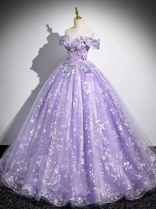 Elegantes A-Linien-Ballkleid mit schulterfreiem Tüll und Spitze in Lila, langes Abendkleid in Lila ED01058