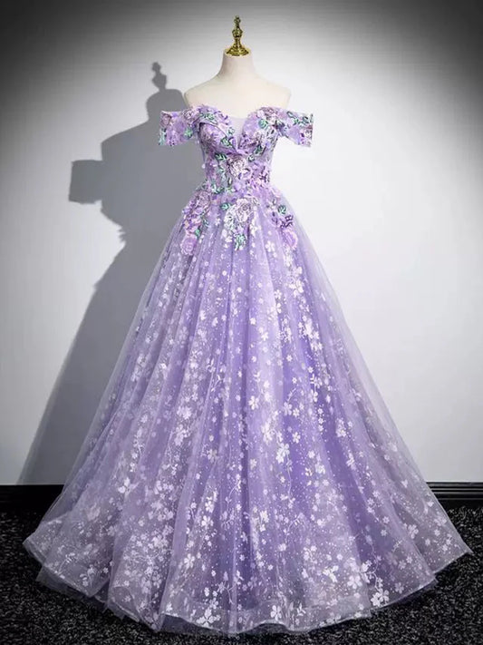 Elegantes A-Linien-Ballkleid mit schulterfreiem Tüll und Spitze in Lila, langes Abendkleid in Lila ED01058