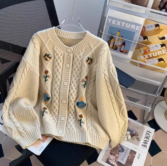 Retro twisted round neck embroidered cardigan ED0105
