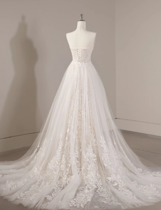 White mermaid tulle lace long prom dress, white wedding dress ED01061