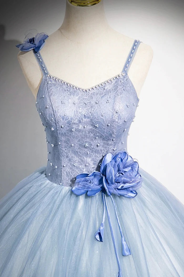 Blue A-Line Spaghetti Strap Tulle Floor Length Prom Dress, Pretty Evening Party Dress ED01062