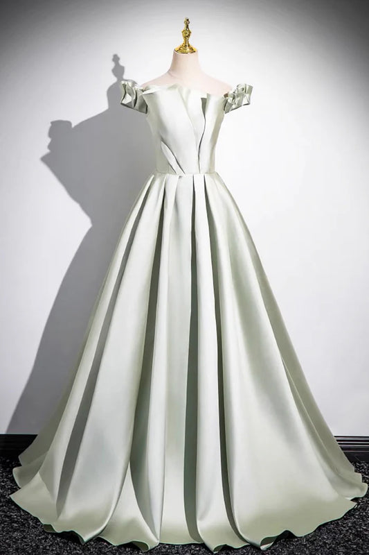 Light Green A-Line Satin Long Prom Dress, Simple Green Off shoulder Evening Dress ED01063