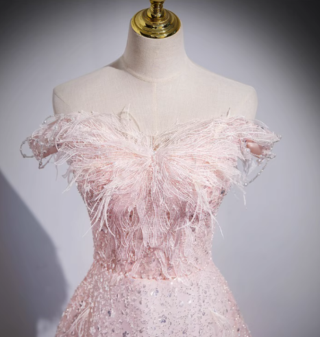 Pink A-line off-the-shoulder tulle lace sequined long prom dress, pink evening dress ED01066