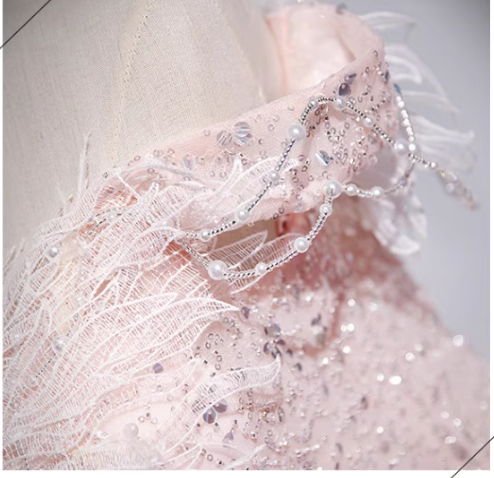 Pink A-line off-the-shoulder tulle lace sequined long prom dress, pink evening dress ED01066