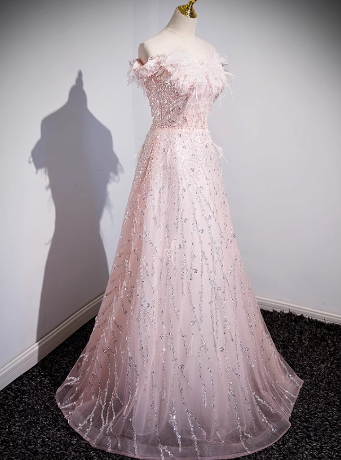 Pink A-line off-the-shoulder tulle lace sequined long prom dress, pink evening dress ED01066