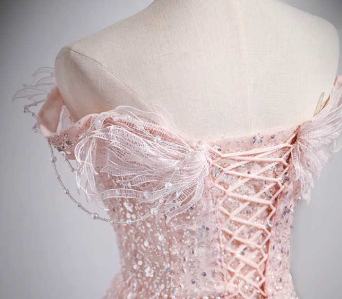 Pink A-line off-the-shoulder tulle lace sequined long prom dress, pink evening dress ED01066