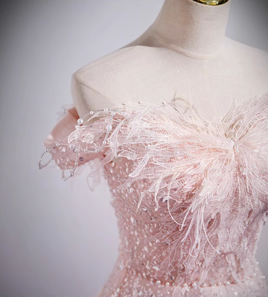 Pink A-line off-the-shoulder tulle lace sequined long prom dress, pink evening dress ED01066
