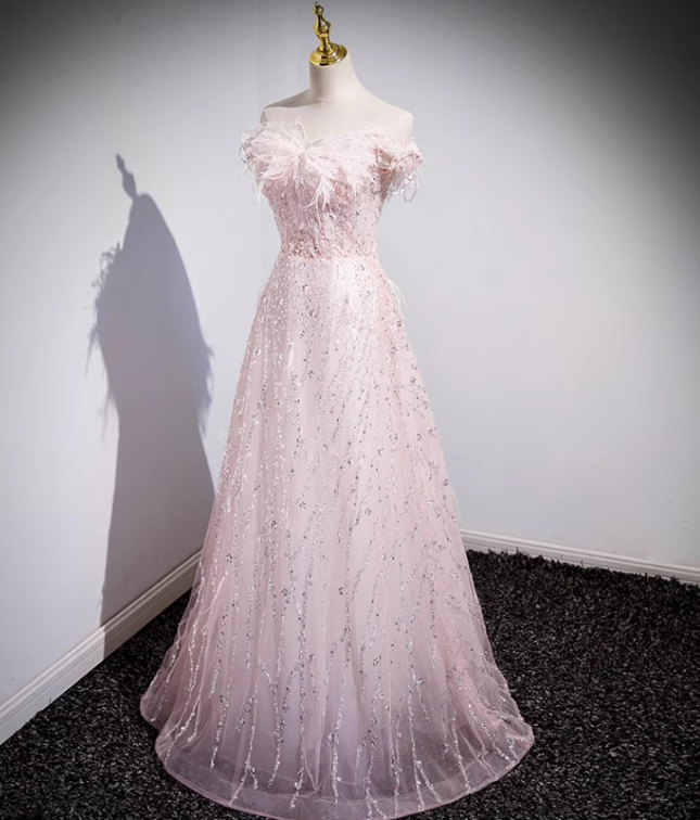 Pink A-line off-the-shoulder tulle lace sequined long prom dress, pink evening dress ED01066