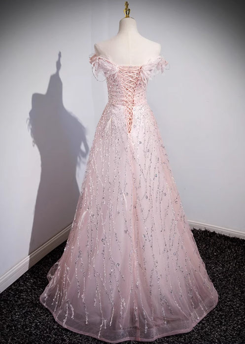 Pink A-line off-the-shoulder tulle lace sequined long prom dress, pink evening dress ED01066