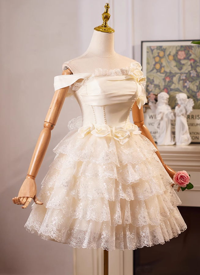 Champagnerfarbenes, schulterfreies A-Linien-Ballkleid aus Satintüllspitze, kurzes Champagner-Geburtstagskleid ED01069