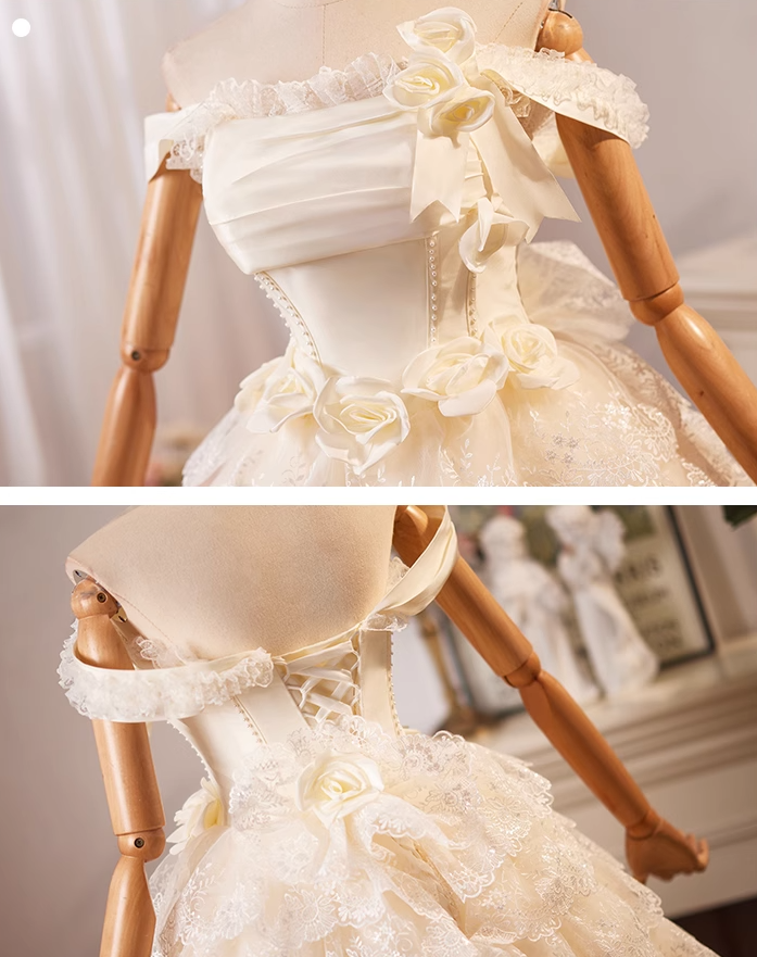 Champagnerfarbenes, schulterfreies A-Linien-Ballkleid aus Satintüllspitze, kurzes Champagner-Geburtstagskleid ED01069