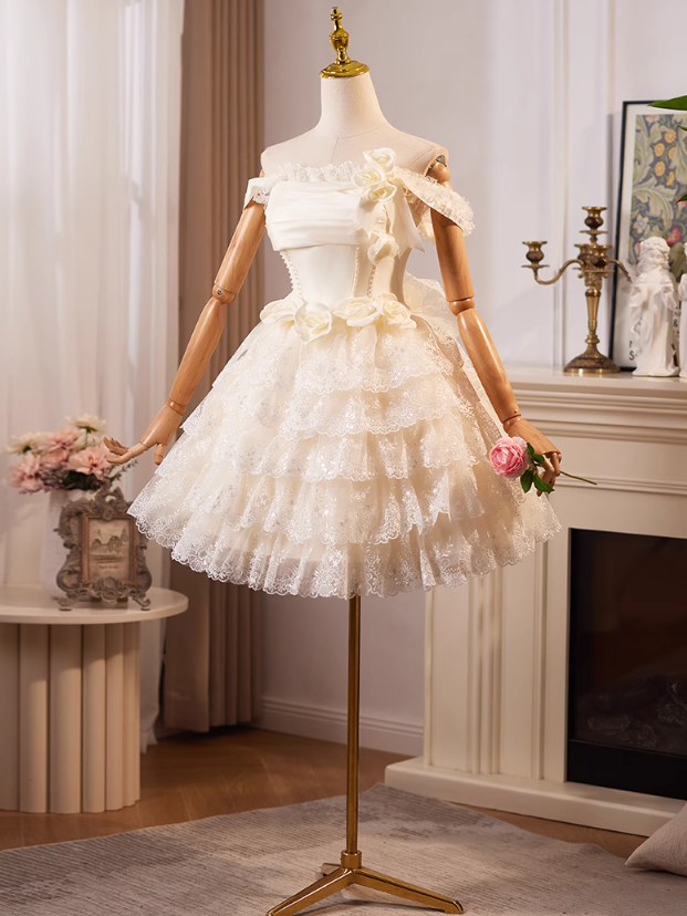 Champagnerfarbenes, schulterfreies A-Linien-Ballkleid aus Satintüllspitze, kurzes Champagner-Geburtstagskleid ED01069