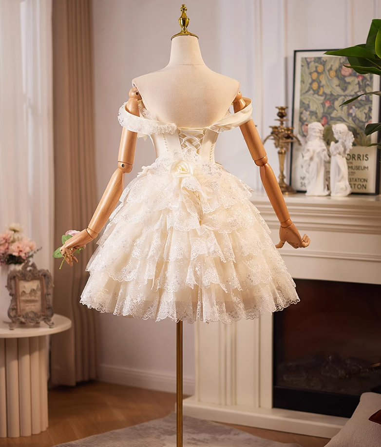 Champagnerfarbenes, schulterfreies A-Linien-Ballkleid aus Satintüllspitze, kurzes Champagner-Geburtstagskleid ED01069