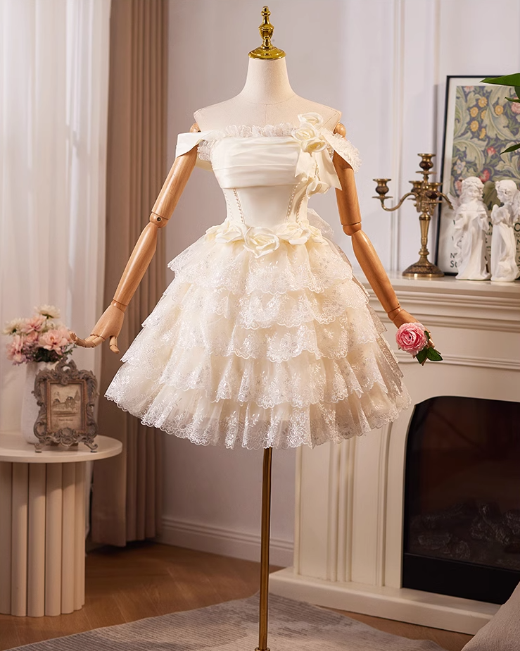 Champagnerfarbenes, schulterfreies A-Linien-Ballkleid aus Satintüllspitze, kurzes Champagner-Geburtstagskleid ED01069