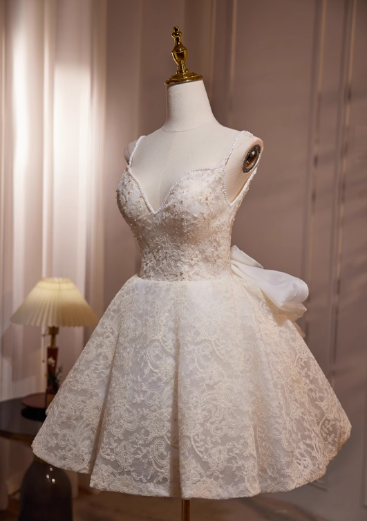 Off-white A-line v-neck mesh lace beaded short prom dress, Off-white birthday dress ED1070