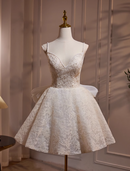 Off-white A-line v-neck mesh lace beaded short prom dress, Off-white birthday dress ED1070